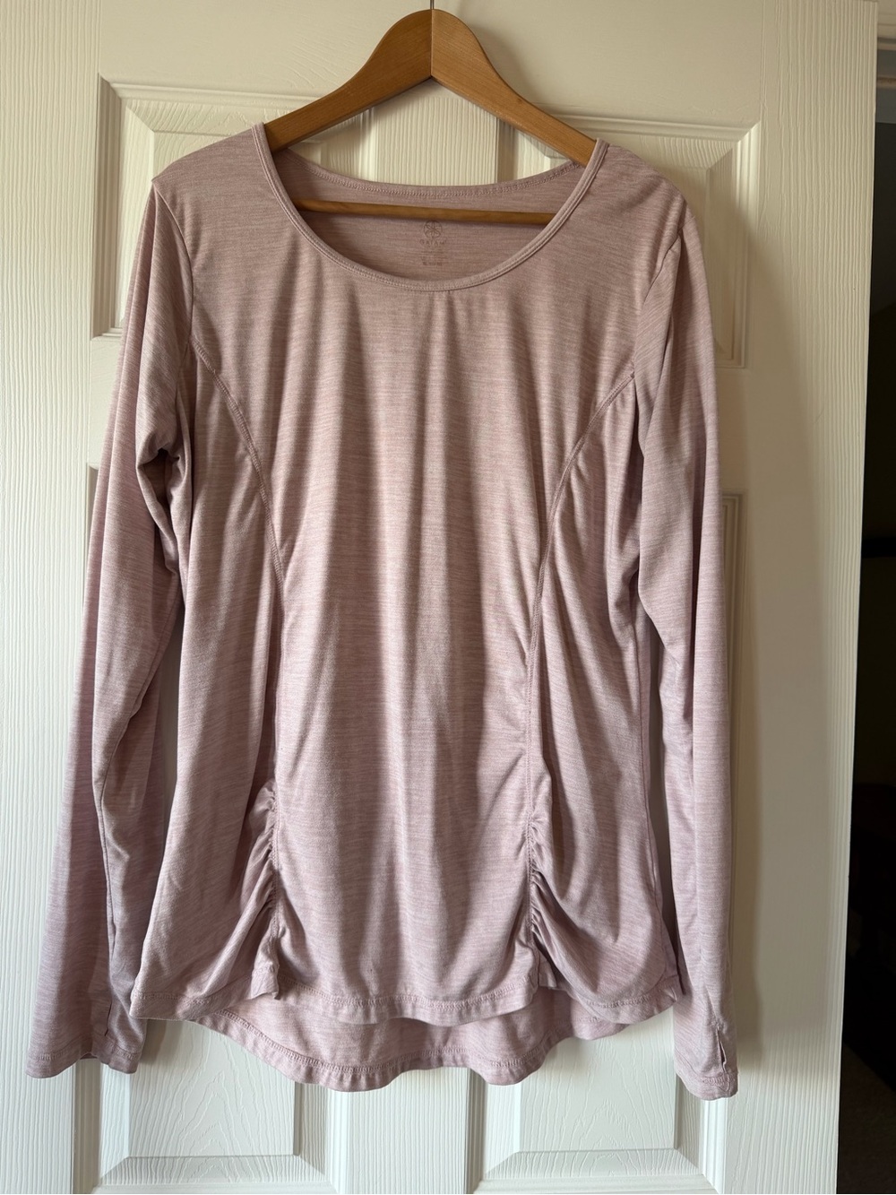 Gaiam Heathered Mauve Pink Ruched Long Sleeve Athletic Top w/ Thumbholes